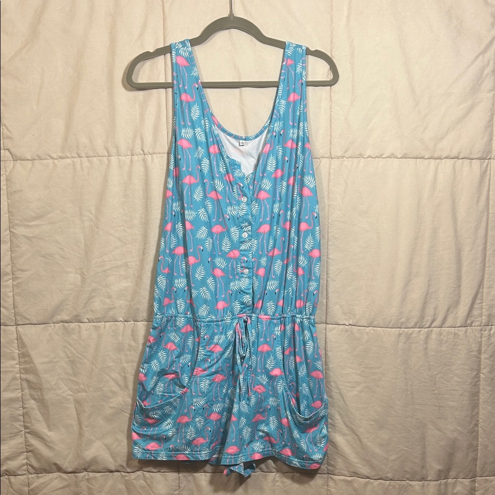 Blue and Pink Flamingo Print Romper with Pockets